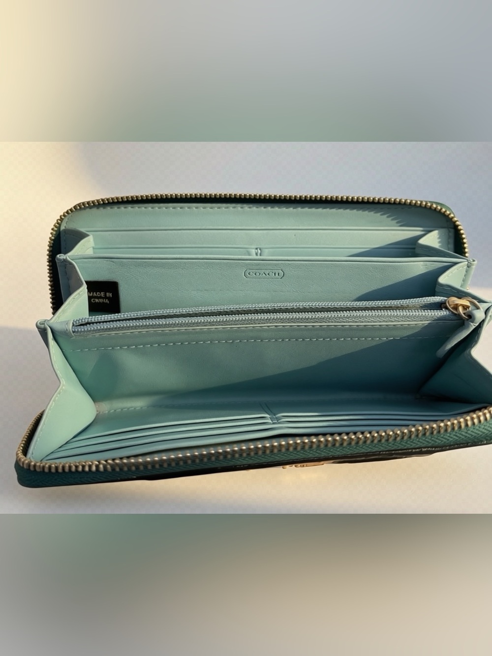 Vintage Coach Teal Signature C Zip Around Continental Wallet Gold Hardware Y2K - Picture 7 of 8